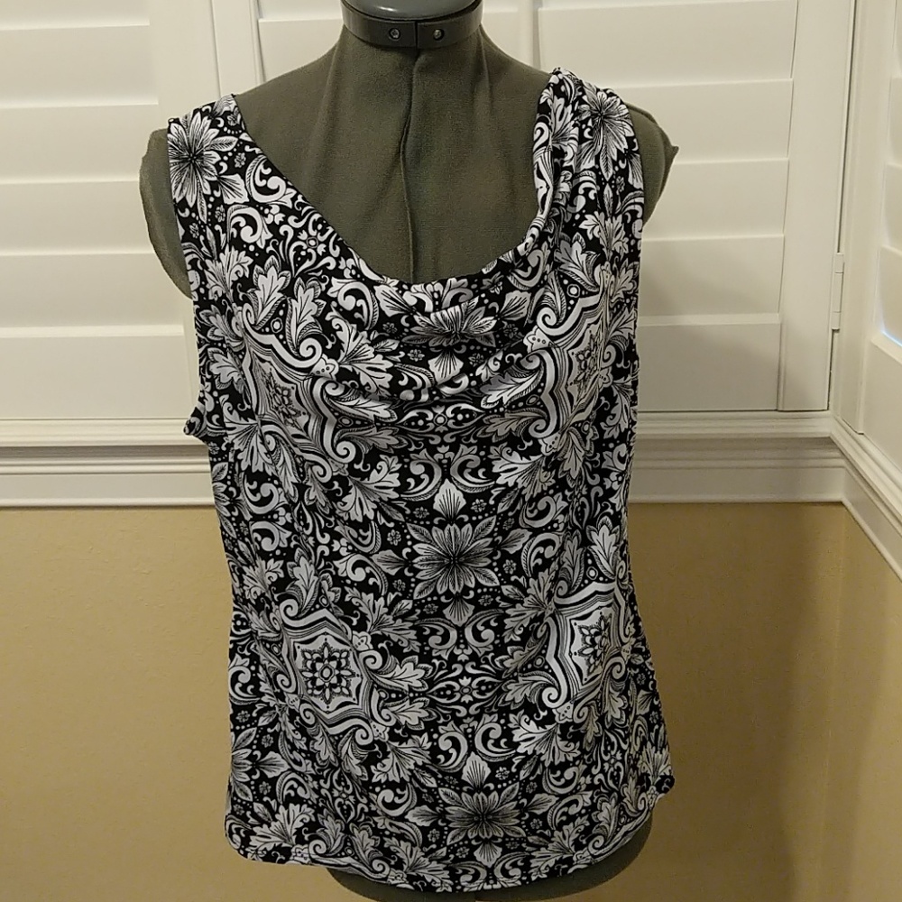 Black and white draped blouse